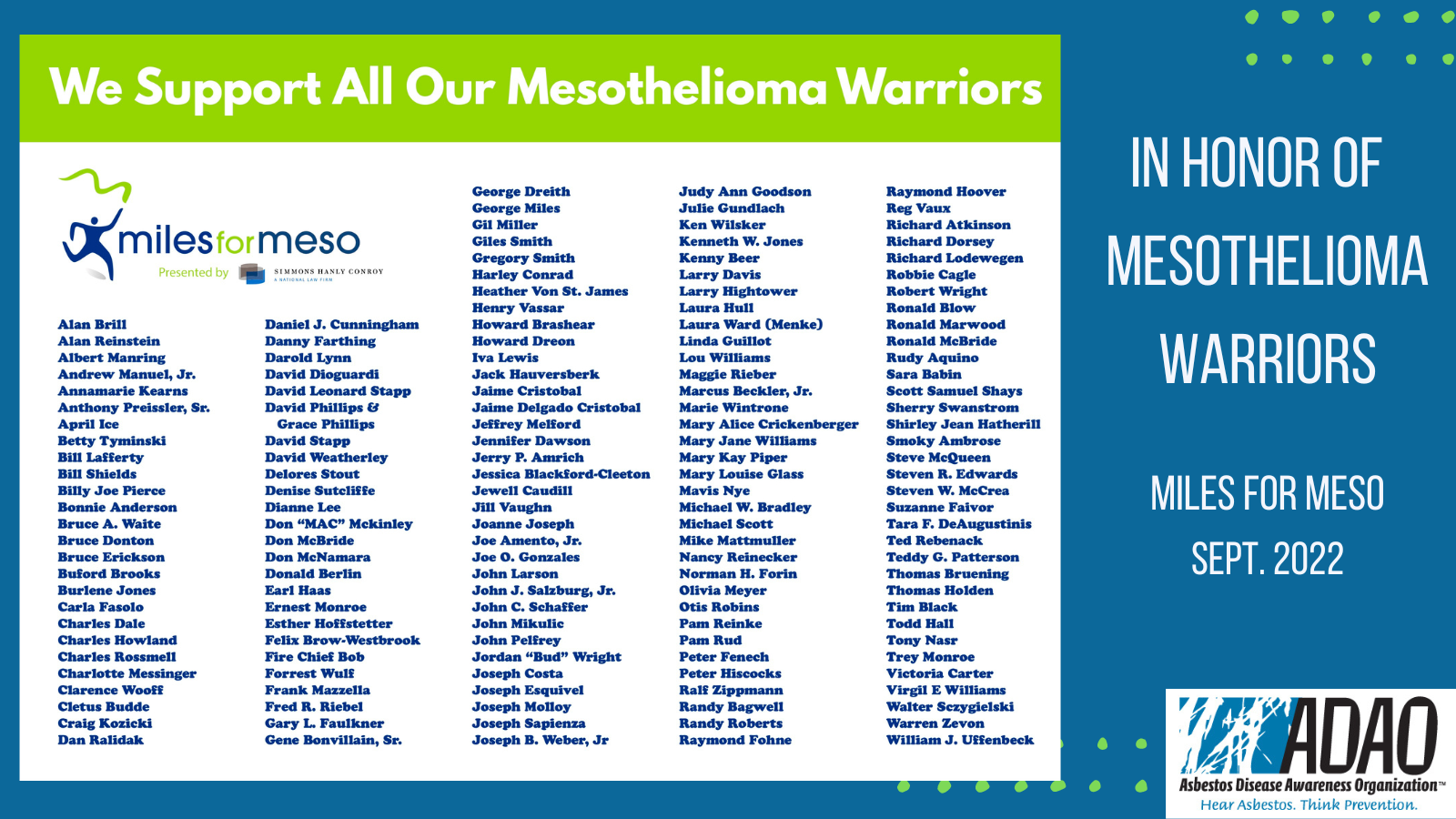 Miles for Meso 2022 Mesothelioma Warriors list ADAO Asbestos